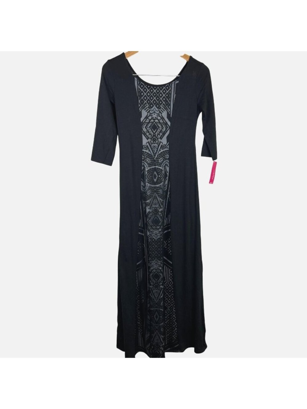 Womens Dress M Goth Grunge Black Maxi Tribal Print Insert 3/4 Sleeves Maxi